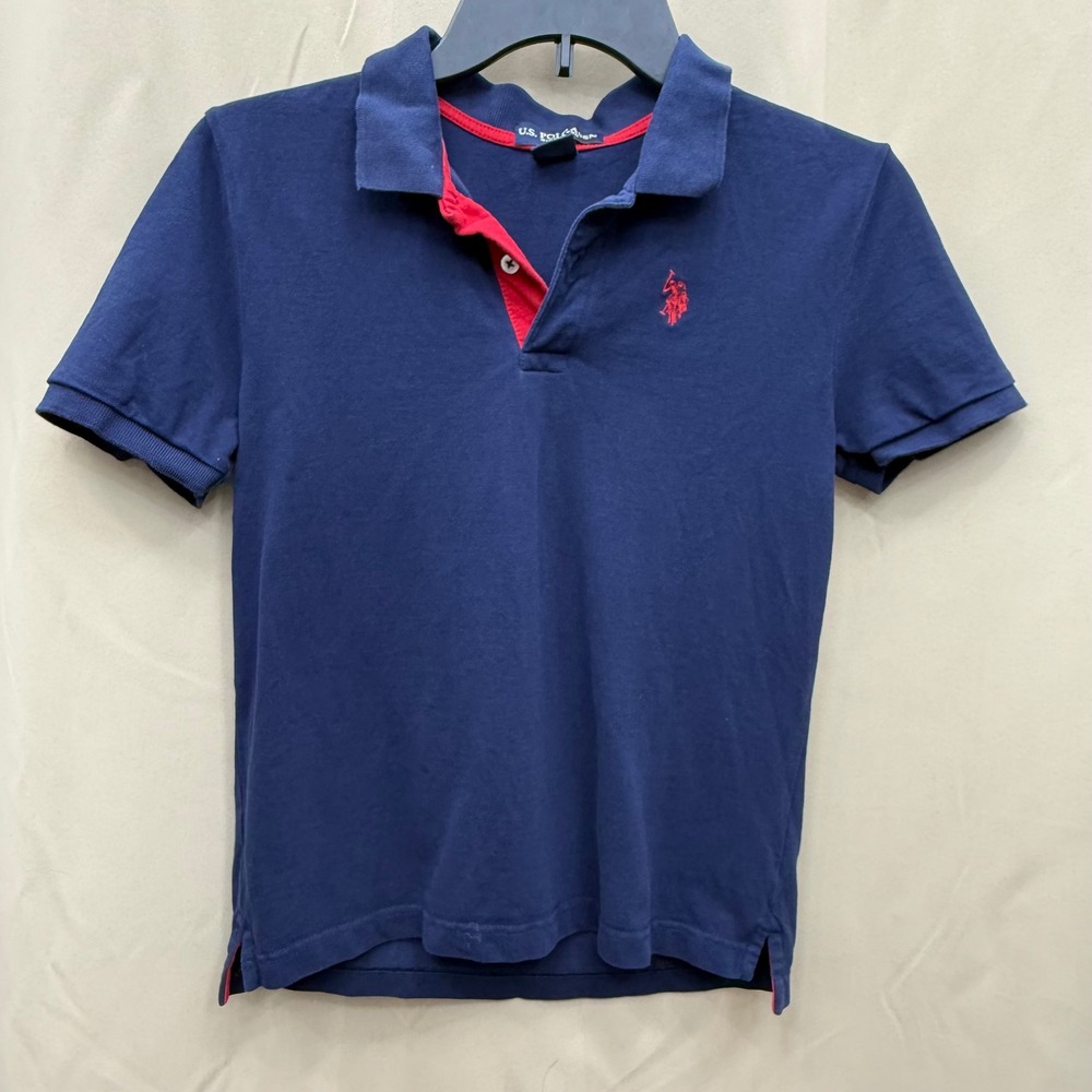 US Polo Assn Boys Navy Blue Short Sleeve Polo Shirt Large 10-12 Red Logo Accent